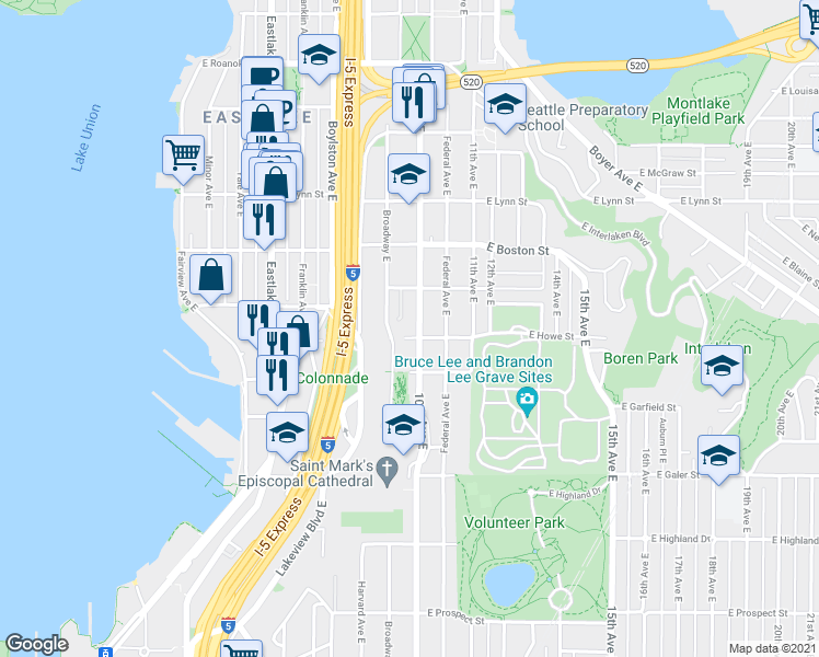 map of restaurants, bars, coffee shops, grocery stores, and more near 1815 10th Avenue East in Seattle