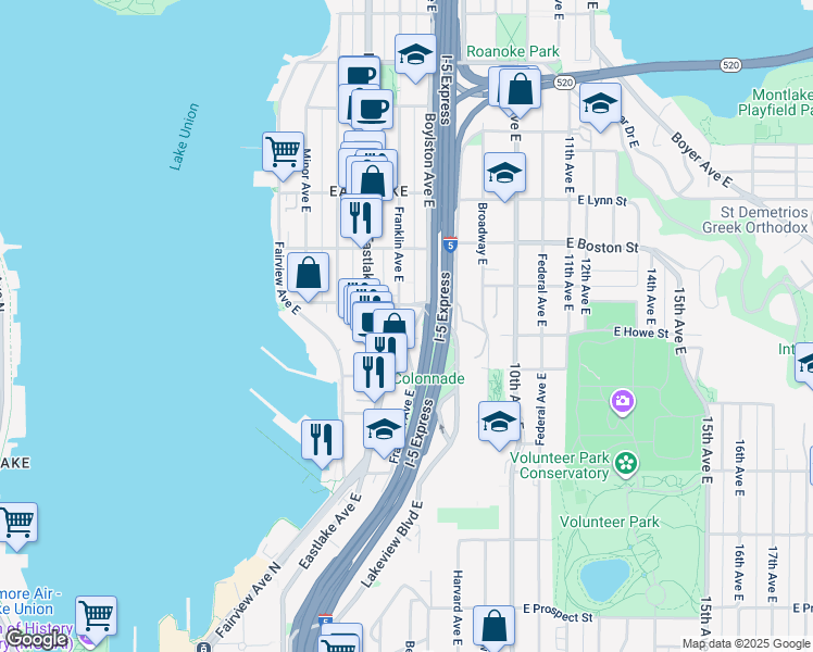 map of restaurants, bars, coffee shops, grocery stores, and more near 1816 Eastlake Avenue East in Seattle