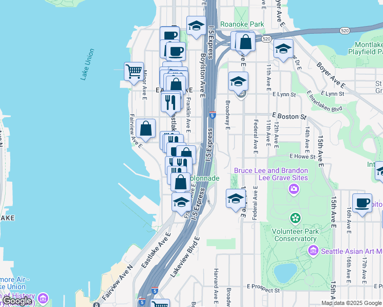 map of restaurants, bars, coffee shops, grocery stores, and more near 1816 Eastlake Avenue East in Seattle