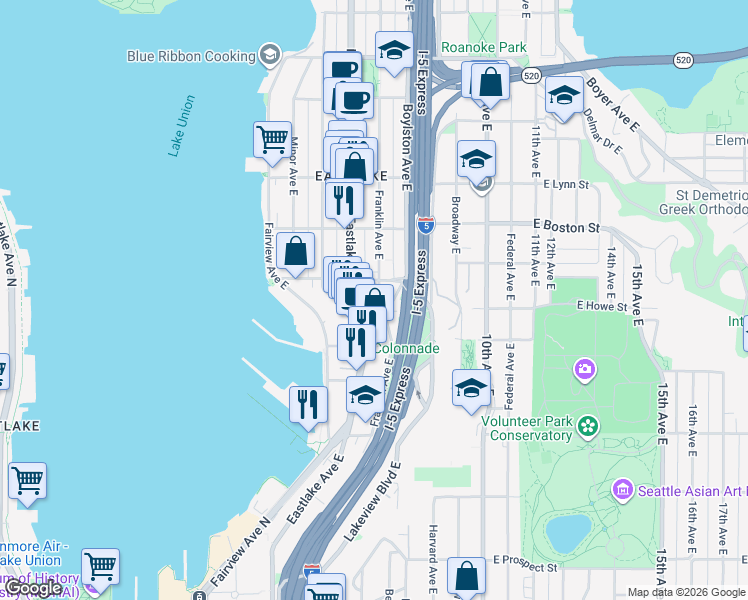 map of restaurants, bars, coffee shops, grocery stores, and more near 1816 Eastlake Avenue East in Seattle