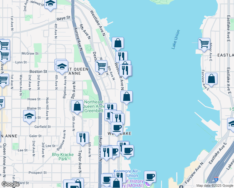 map of restaurants, bars, coffee shops, grocery stores, and more near 1804 Dexter Avenue North in Seattle