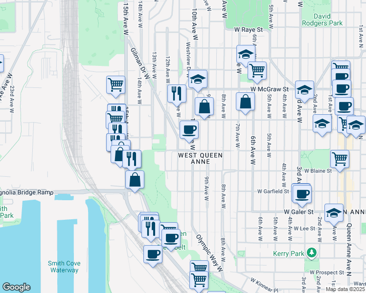 map of restaurants, bars, coffee shops, grocery stores, and more near 1822a 11th Avenue West in Seattle
