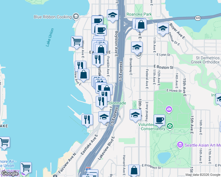 map of restaurants, bars, coffee shops, grocery stores, and more near 1910 Franklin Avenue East in Seattle