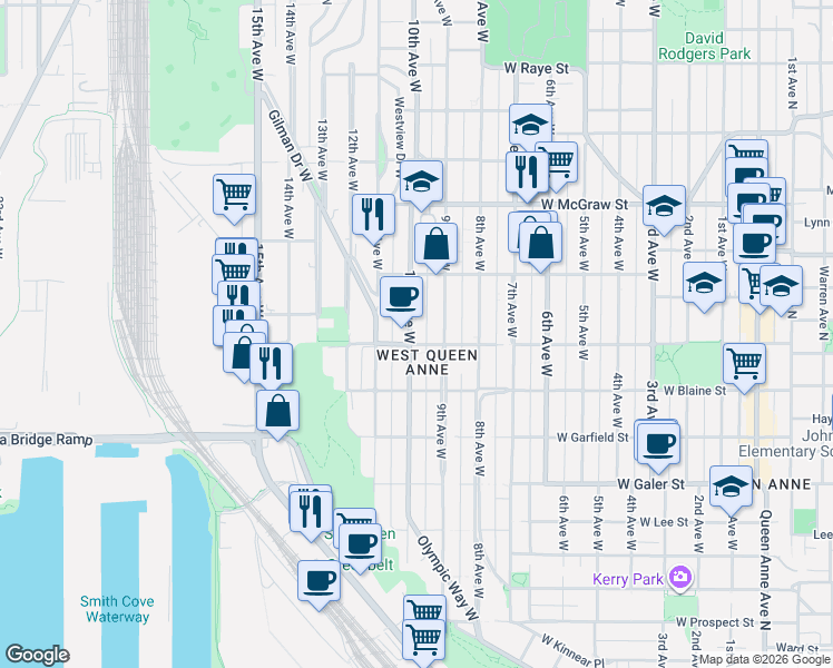 map of restaurants, bars, coffee shops, grocery stores, and more near in Seattle