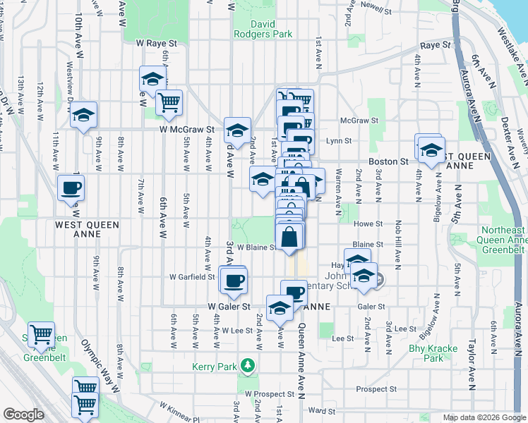 map of restaurants, bars, coffee shops, grocery stores, and more near 1901 1st Avenue West in Seattle