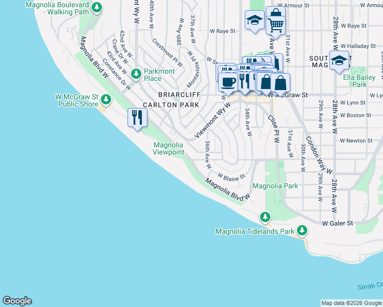 map of restaurants, bars, coffee shops, grocery stores, and more near 1914 Magnolia Boulevard West in Seattle