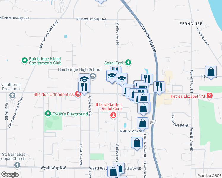 map of restaurants, bars, coffee shops, grocery stores, and more near 9530 High School Road Northeast in Bainbridge Island