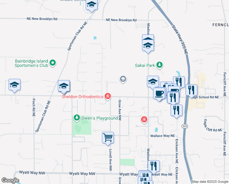 map of restaurants, bars, coffee shops, grocery stores, and more near 9330 High School Road Northeast in Bainbridge Island