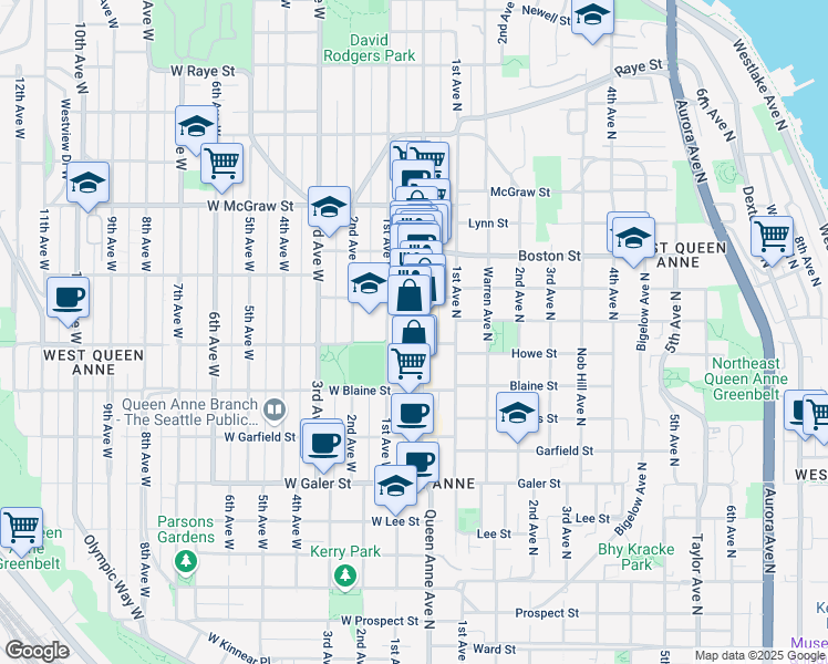 map of restaurants, bars, coffee shops, grocery stores, and more near 1925 Queen Anne Avenue North in Seattle