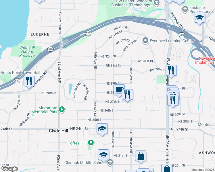 map of restaurants, bars, coffee shops, grocery stores, and more near 9633 Northeast 30th Place in Clyde Hill