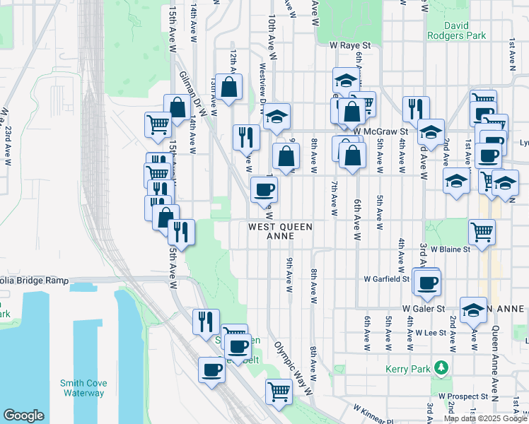 map of restaurants, bars, coffee shops, grocery stores, and more near 1934 10th Avenue West in Seattle