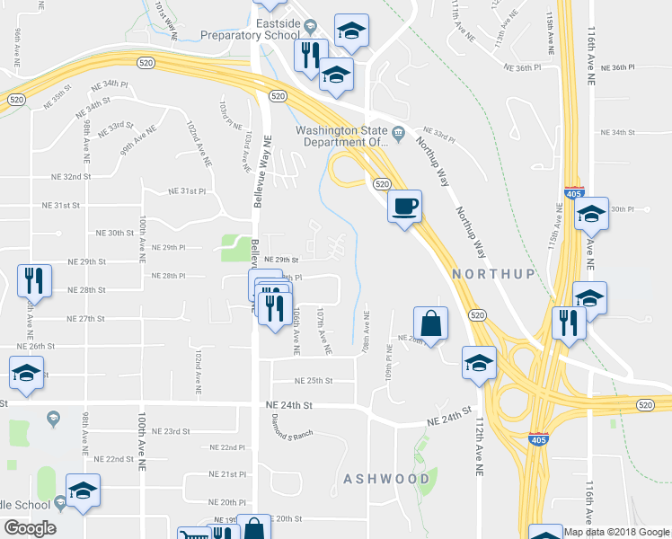 map of restaurants, bars, coffee shops, grocery stores, and more near 10620 Northeast 28th Place in Bellevue