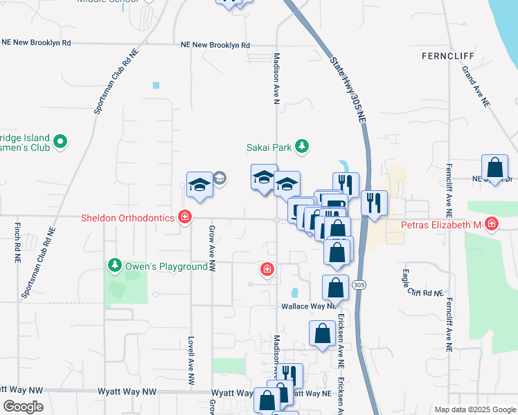 map of restaurants, bars, coffee shops, grocery stores, and more near 9530 High School Road Northeast in Bainbridge Island