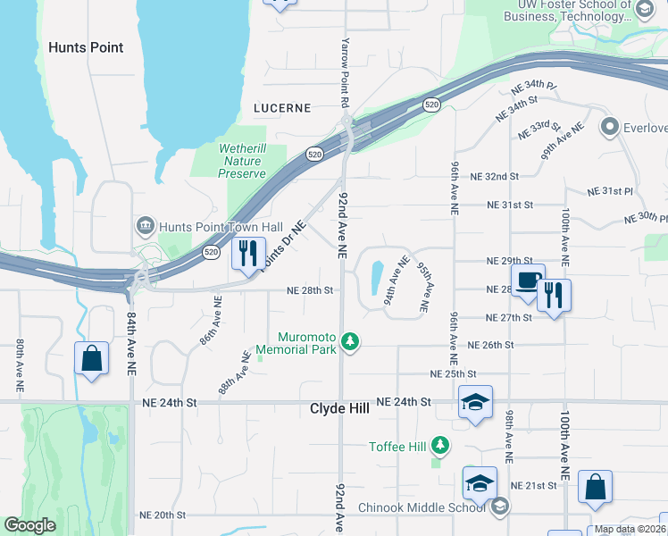 map of restaurants, bars, coffee shops, grocery stores, and more near 3015 92nd Place Northeast in Clyde Hill