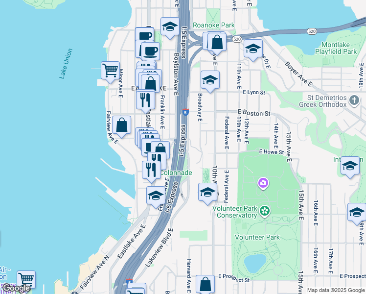 map of restaurants, bars, coffee shops, grocery stores, and more near 2003 Boylston Avenue East in Seattle