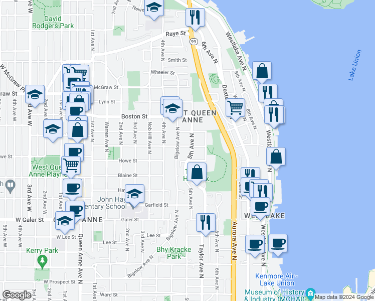 map of restaurants, bars, coffee shops, grocery stores, and more near 2103 5th Avenue North in Seattle