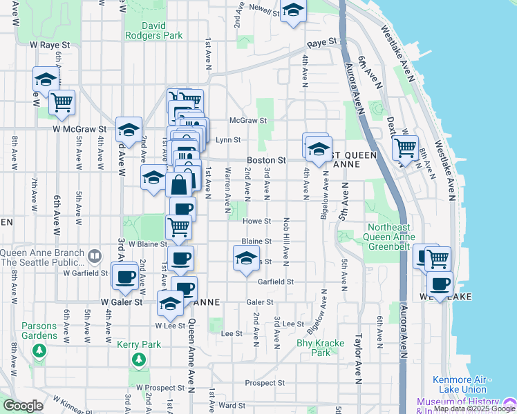 map of restaurants, bars, coffee shops, grocery stores, and more near 2012 3rd Avenue North in Seattle