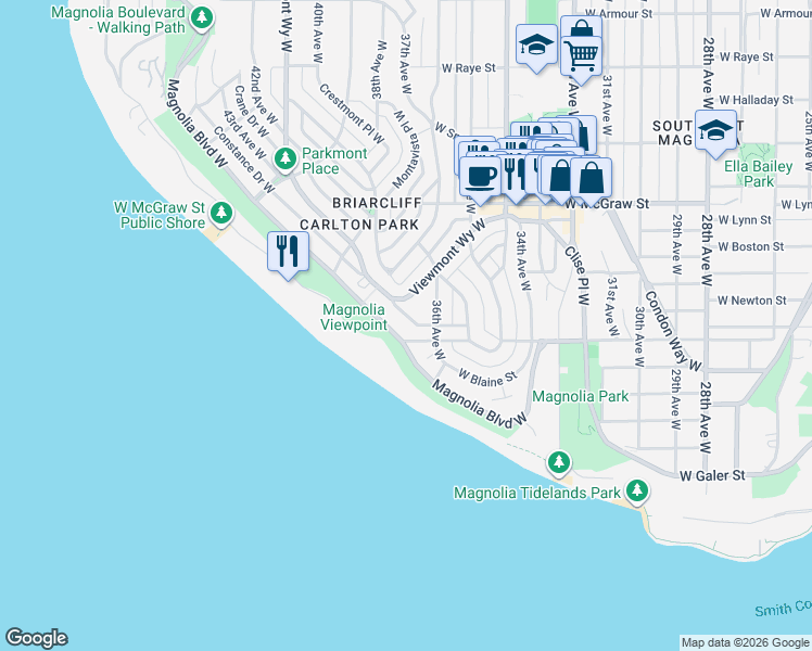 map of restaurants, bars, coffee shops, grocery stores, and more near 1914 Magnolia Boulevard West in Seattle