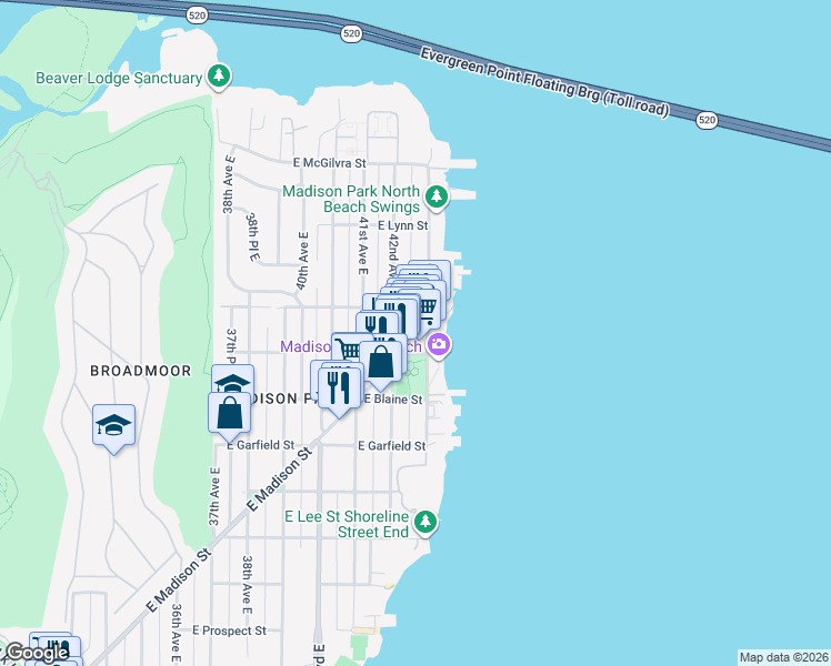 map of restaurants, bars, coffee shops, grocery stores, and more near 4226 East Madison Street in Seattle
