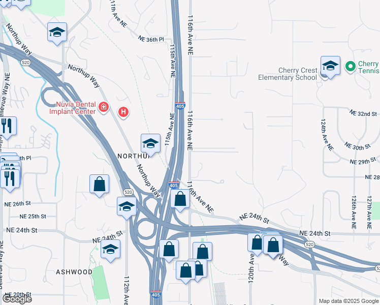 map of restaurants, bars, coffee shops, grocery stores, and more near 2812 116th Avenue Northeast in Bellevue