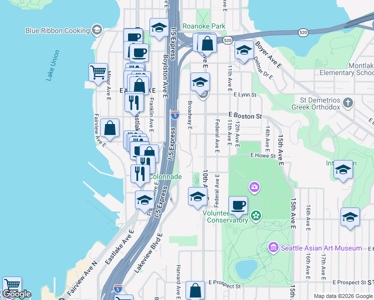 map of restaurants, bars, coffee shops, grocery stores, and more near 1911 Broadway East in Seattle