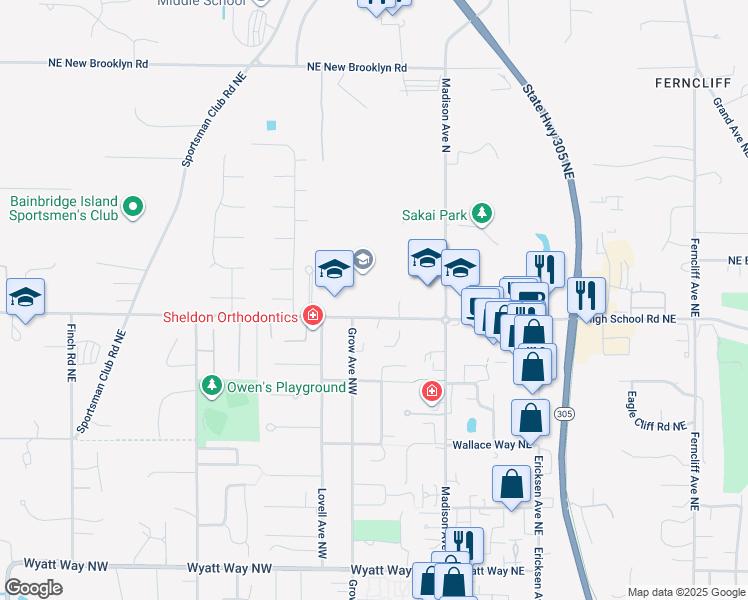map of restaurants, bars, coffee shops, grocery stores, and more near 9330 High School Road Northeast in Bainbridge Island