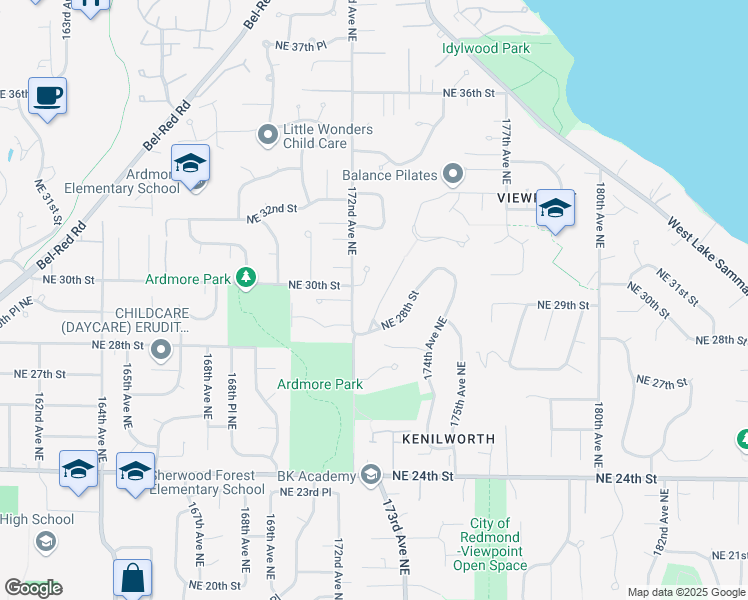 map of restaurants, bars, coffee shops, grocery stores, and more near 2915 173rd Court Northeast in Redmond