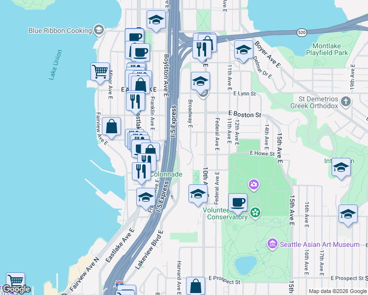 map of restaurants, bars, coffee shops, grocery stores, and more near 814 East Howe Street in Seattle