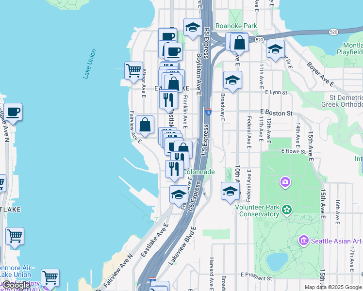 map of restaurants, bars, coffee shops, grocery stores, and more near 2009 Franklin Avenue East in Seattle