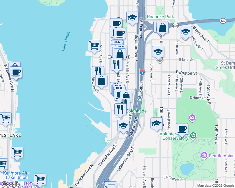 map of restaurants, bars, coffee shops, grocery stores, and more near 1917 Eastlake Avenue East in Seattle