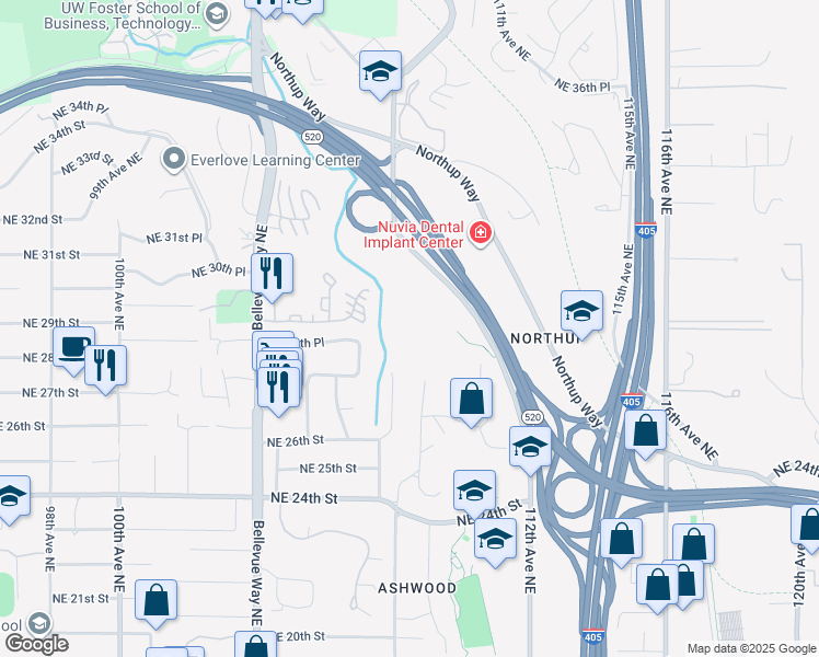 map of restaurants, bars, coffee shops, grocery stores, and more near 3015 112th Avenue Northeast in Bellevue