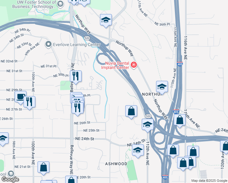 map of restaurants, bars, coffee shops, grocery stores, and more near 3015 112th Avenue Northeast in Bellevue