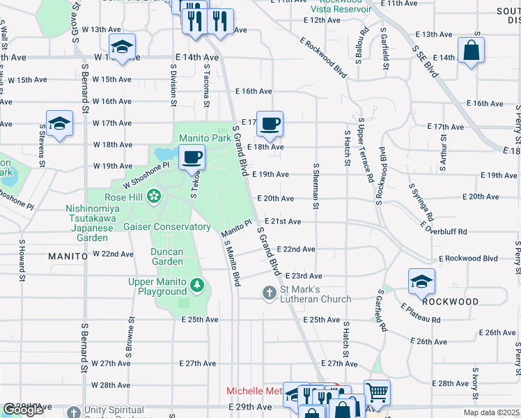 map of restaurants, bars, coffee shops, grocery stores, and more near 1923 South Grand Boulevard in Spokane