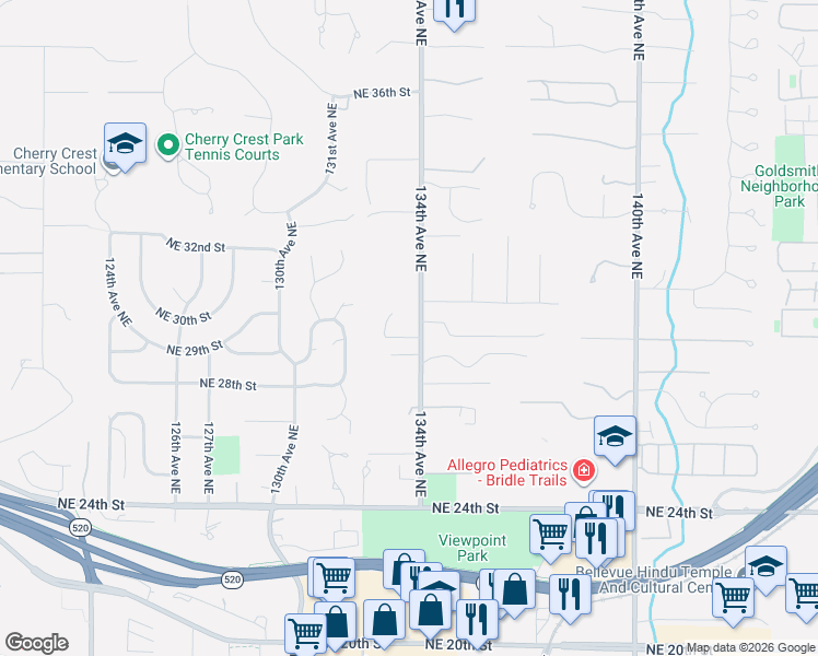 map of restaurants, bars, coffee shops, grocery stores, and more near 2857 134th Avenue Northeast in Bellevue