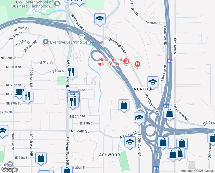 map of restaurants, bars, coffee shops, grocery stores, and more near 3015 112th Ave NE in Bellevue