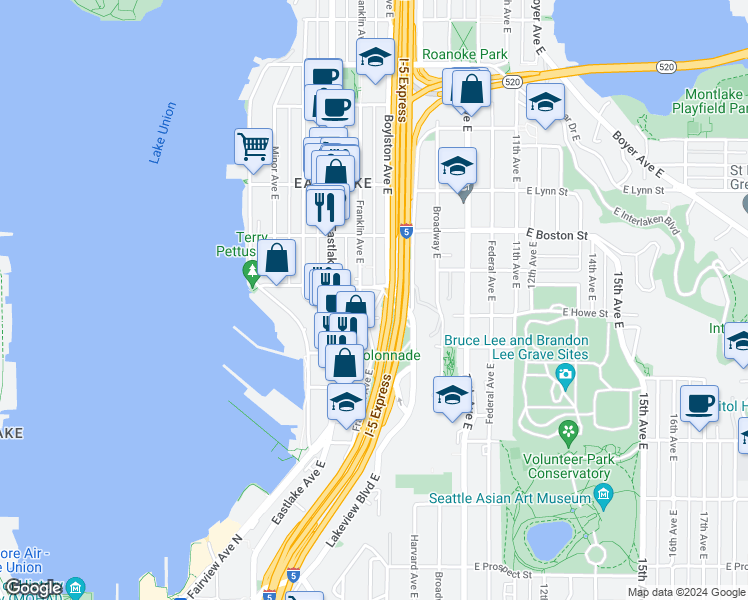 map of restaurants, bars, coffee shops, grocery stores, and more near 2003 Boylston Avenue East in Seattle