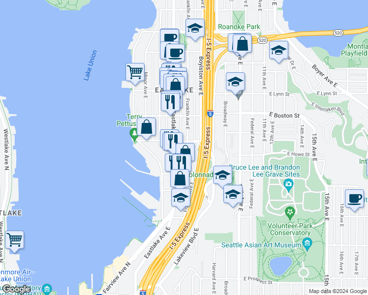 map of restaurants, bars, coffee shops, grocery stores, and more near 2009 Franklin Avenue East in Seattle