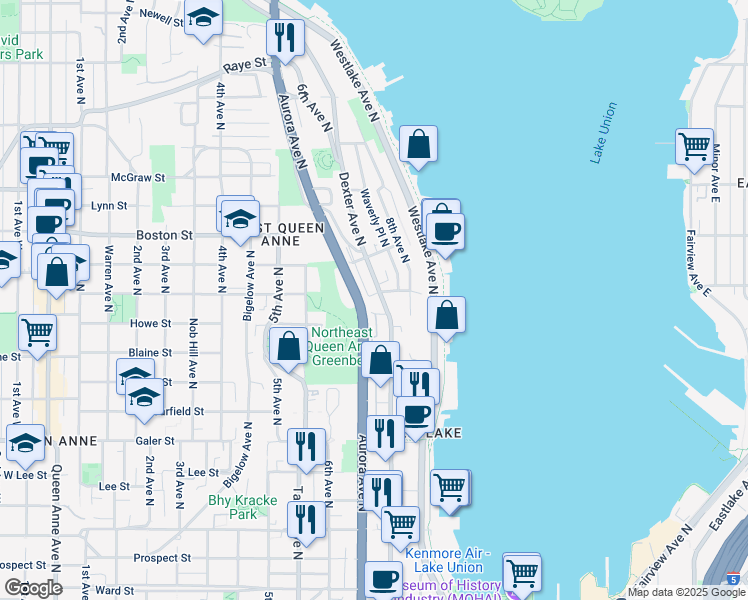 map of restaurants, bars, coffee shops, grocery stores, and more near 2007a Dexter Avenue North in Seattle