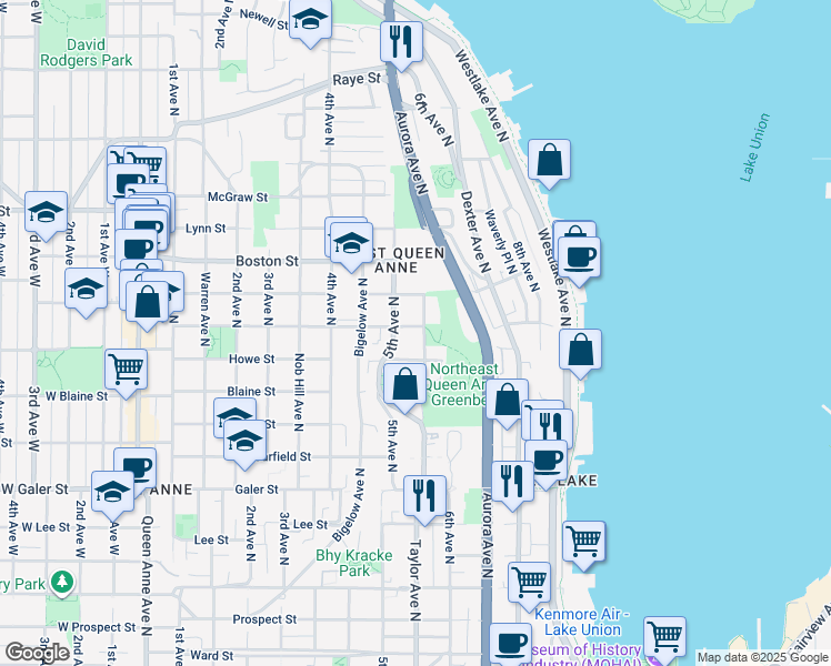 map of restaurants, bars, coffee shops, grocery stores, and more near 517 Crockett Street in Seattle
