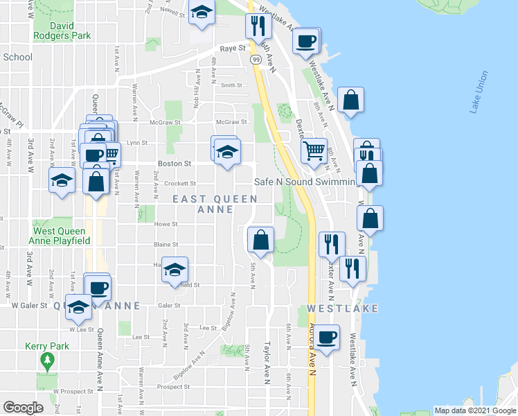 map of restaurants, bars, coffee shops, grocery stores, and more near 2103 5th Avenue North in Seattle