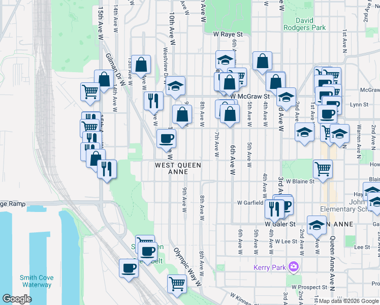 map of restaurants, bars, coffee shops, grocery stores, and more near 1936 9th Avenue West in Seattle