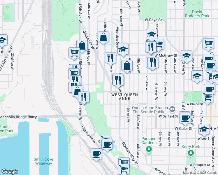 map of restaurants, bars, coffee shops, grocery stores, and more near 1930 11th Avenue West in Seattle