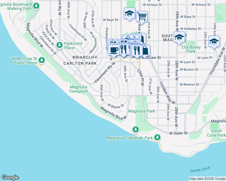 map of restaurants, bars, coffee shops, grocery stores, and more near 1937 35th Avenue West in Seattle