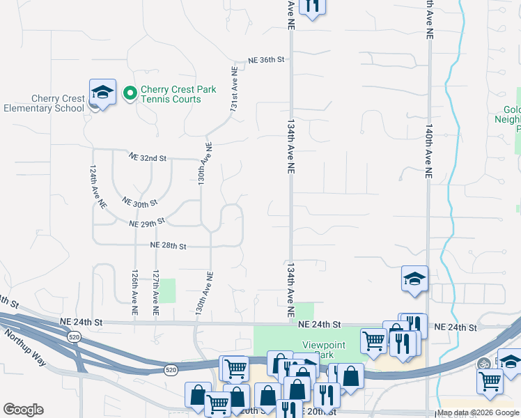 map of restaurants, bars, coffee shops, grocery stores, and more near 2920 131st Place Northeast in Bellevue
