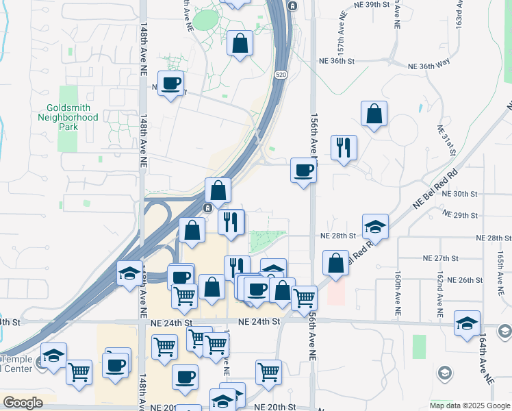 map of restaurants, bars, coffee shops, grocery stores, and more near 2956 152nd Avenue Northeast in Redmond