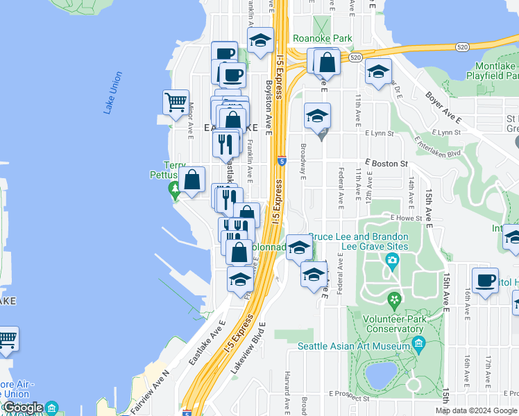 map of restaurants, bars, coffee shops, grocery stores, and more near 1921 Franklin Place East in Seattle