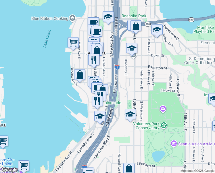 map of restaurants, bars, coffee shops, grocery stores, and more near 2003 Boylston Avenue East in Seattle