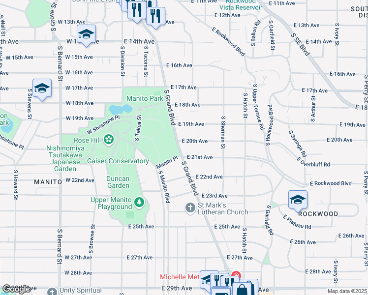 map of restaurants, bars, coffee shops, grocery stores, and more near 1923 South Grand Boulevard in Spokane