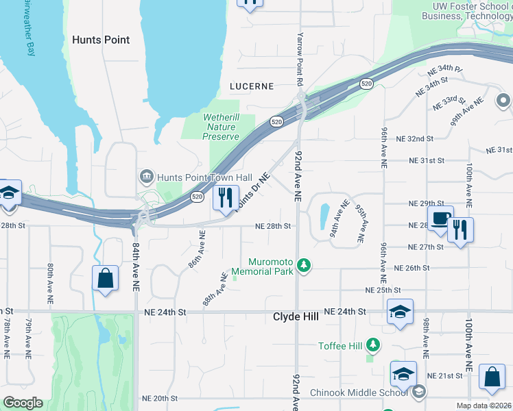 map of restaurants, bars, coffee shops, grocery stores, and more near 8855 Points Drive Northeast in Clyde Hill