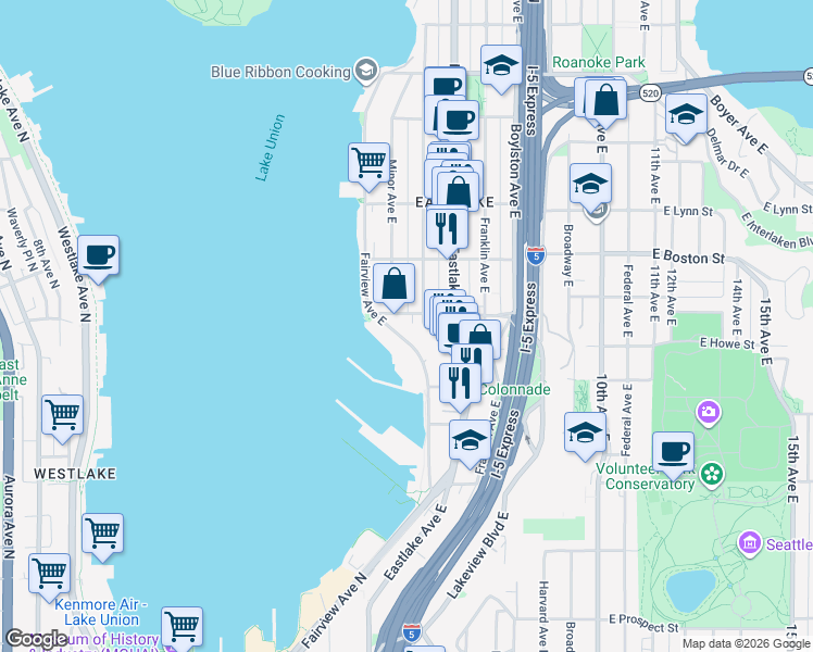 map of restaurants, bars, coffee shops, grocery stores, and more near 1926 Fairview Avenue East in Seattle